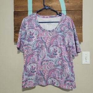 Talbots Pink and Purple Paisley Short Sleeve Scoop Neck Tee Size Large